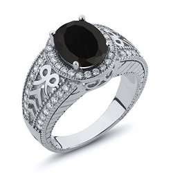 Sterling Silver Black Onyx Gemstone Jewelry Women's Ring 2.83 Cttw 10X8MM Oval Center Available In Size 5 6 7 8 9