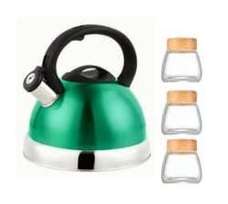 Ecco Stainless Steel Stove Top Whistling Kettle And 3 Glass Jar Combo - Green
