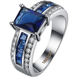 Jewelry Awly Womens 18K White Gold Plated Square Cushion Cut Sapphire Blue Cz Half Eternity Wedding Ring Size 7