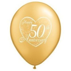 12 50TH Anniversary Latex Balloons 11" Gold Color And Heart Design