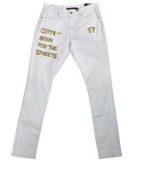 - Cobbler Mens White Waxed Embroidered Skinny Jeans