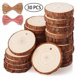 Natural Wood Slices TICIOSH 50 Pcs 2.4-2.8 inches Craft Unfinished Wood kit  Predrilled with Hole Wooden Circles for DIY Crafts Wedding Decorations