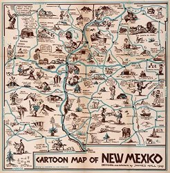 1939 Guide Book Cartoon Map Of New Mexico. Designed And Drawn By James Hall. 1939. Antique Vintage Map Reprint