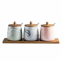 Vencer 3 Pcs Set - Each Jar Volume Approx 380ML 13OZ Ceramic Marbling Large Condiment Jar Spice Container With Lids Serving Spoon And Wooden