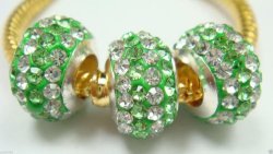 European Style - Silver - Large Hole - Cz Crystal Rondelle Beads - Peridot And Clear