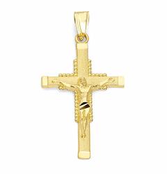 14K Solid Real Gold Crucifix Pendant Handmade Classic Cross Charm Jesus Piece Jewelry For Religious Occasions