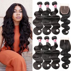 Beauty Princess Brazilian Body Wave With Closure 8A Unprocessed Brazilian Virgin Hair 3 Bundles With Middle Part Closure Natural Black Human Hair Bundles With Closure 12 14 16WITH 10