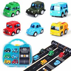 IPlay ILearn 6 Die Cast Pull Back Cars Toy W 3 Road Tapes Play Set Alloy Model Vehicles Kit School Bus Fire Truck Police