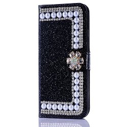 Samsung A20 Glitter Wallet Case Black Samsung A20 Diamond Flip Case For Women Shinny Rhinestone Jewelry Book Case For Samsung Galaxy A20 With Card