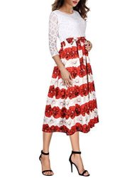 Women Glorysunshine Modest Floral Print Lace Bowknot A-line Pleated Maxi Cocktail Evening Dress M Red