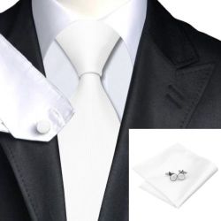 Elegant Groom groomsman - 100% Silk Handmade 4 Piece Tie Set - White With Fine Silver Pin Stripe