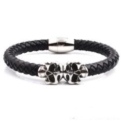 Black Plaited Skull Stainless Steel Leather Bracelet - Medium 19CM