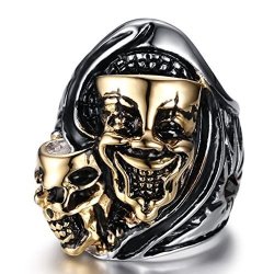 Men's Vintage Gothic Stainless Steel Rings Halloween Clown Skull Hell Biker Rings Gold Size 7