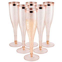 LOMOFI Rose Gold Glitter Plastic Champagne Flutes with Rose Gold Rimmed Disposable Cups Wedding Holiday Toasting Wine Glasses Party Cocktail Cups 5.5Oz 30 Pack 