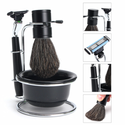 4 In 1 Men's Shaving Set Kit With Shaving Brush Safety Razor Steel Stand Bowl