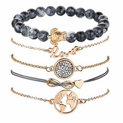 Vonru Beaded Bracelets For Women - Adjustable Charm Pendent Stack Bracelets For Women Girl Friendship Gift Rose Quartz Bracelet Links With Pearl Golds Plated