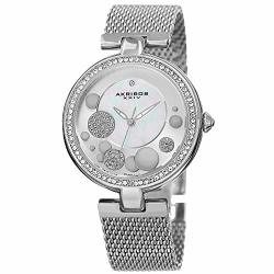 Akribos Xxiv Ornate Women's Swarovski Watch - Mother Of Pearl Center Dial Crystal Filled Bezel On Stainless Steel Mesh Bracelet - AK881