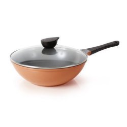 Neoflam Wok Chef's Pan With Glass Lid - 12-INCH Ceramic Nonstick In Orange Brown By By