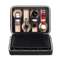 Awon WTH001 - 8 Slots Watch Display Box For Men Zippered Black Pu Leather Jewelry Case Organizer