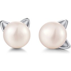 Pearl Earrings Cute Cat Stud Earrings With Natural Pearl Freshwater Cultured Pearl Stud Earrings Pearl Cat Earrings Sterling Silver Kitty Cat Earrings Lovely Cat