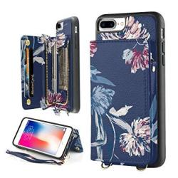 Iphone 8 Plus Case Wallet For Women Iphone 7 Plus Card Holder Case Lameeku Floral Pattern Shockproof Zipper Leather Case With Crossbody Chain Strap