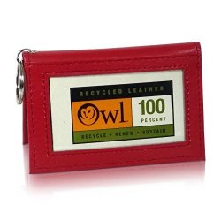 OWL Two-fold Red Small Leather Bifold Id Card Holder Wallet With Keychain For Men And Women