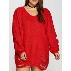 Women's Distressed Oversized Sweater - Plus Size