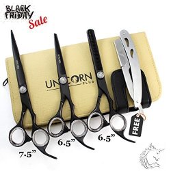 New Barber Scissors Set Deep Black Razor Edge Series - Original Unicorn Plus Hair Cutting Scissors - 7.5" & 6.5" Hairdressing Set 3 Pieces + Free Accessories