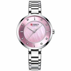 Quartz Watches For Women's Curren Original Brand Crystal Design Waterproof Girls Steel Wrist Watch 9051 Silver Pink