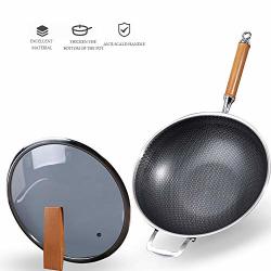 Stainless Steel Wok Pan - Stir Fry Wok Domestic Non-stick Uncoated Wok Pan With Wooden Handle Glass Lid Suitable For Induction Cooker And Gas