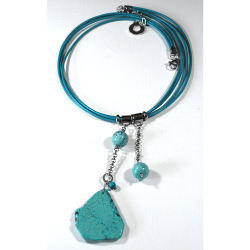 Atenea Handmade Turquoise & Leather Choker Necklace With Natural Turquoise Slab & Beads