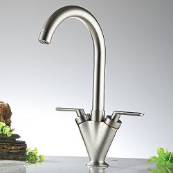 Littlegrass Kitchen Sink Faucet Brushed Nickel Modern Twin Lever Swivel Spout Sink Mixer Kitchen Tap