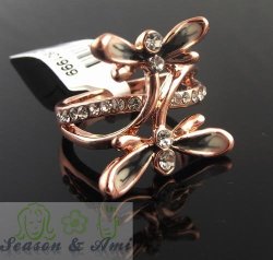 New Fashion Lovely White Rhinestone Dragonfly Rosegold Plated Rings SIZE6--9