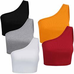 5 Pieces One Shoulder Sleeveless Ribbed Crop Tops For Women Stretchy One Shoulder Strappy Tees Small