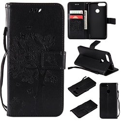 Nexcurio Embossed Tree Huawei P Smart Wallet Case With Card Holder Folding Kickstand Leather Case Flip Cover For Huawei P Smart - NEKTU11351 Black