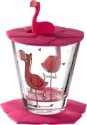 Children's Drinking Glass Set: Flamingo Cup Saucer & Lid Bambini