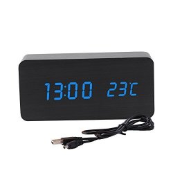 OHTOP Electronic Alarm Clock Electronic Digital Wooden LED Desktop Sounds Control Temperature Alarm Clock Blue
