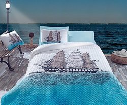 Maritime 100% Cotton Multifunctional Four Season Nautical Bedding Set Vintage Ship Themed Quilted Bedspread duvet Cover Set Blue Twin 3 Pcs Full queen 4 Pcs Full queen