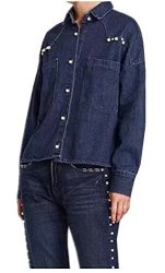 Lifeshe Denim Jacket Coats For Women Embroidered Pearl Blue XS