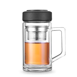 Glass Tea Mug With Infuser Handle Leather Lid - Portable Tumbler With Stainless Steel Strainer For Tea And Fruit - Double Wall 12
