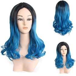 22 Pengruizhi Long Curly Ombre Blue Cosplay Wig Dark Roots Synthetic Fiber Party Wig With Free Wig Cap