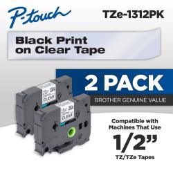 Brother Genuine P-touch TZE-1312PK Tape 1 2" 0.47" Standard Laminated P-touch Tape Black On Clear Perfect For Indoor Or Outdoor Use Water Resist