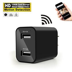Hidden Camera Wall Charger - Wifi Remote View - Nanny Spy Camera Adapter - HD H.264 Video Recorder 128GB About Storage 15 Days Video