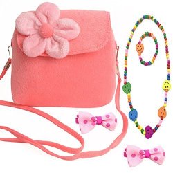 Little Girl Beauty Set Plush Flower Handbag + 2 Hair Clip + Necklace And Bracelet Pink