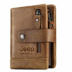 Jeep Kavis Bonwe Mens Wallet Genuine Leather Double Zipper Vintage Bifold Card Holder Purse Brown