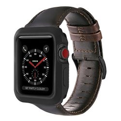 For Apple Watch Band With Case 42MM Ouheng Retro Genuine Leather Iwatch Band With Shock-proof Protective Tpu Case For Apple Watch Series 3 2 1 Nike+