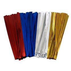 H88 100 Pcs 4 Inch Metallic Plastic Twist Ties Bag Ties For Cellophane Party Bag Cake Pops 4 Colors Red Blue White Gold