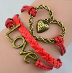 Red Bronze Charms Love Word And A Heart Within A Heart Cute Leather Infinity Charm Bracelet