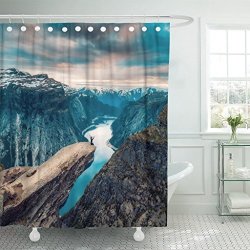 VaryHome Shower Curtain Blue Man Sits While Throwing His Arms In The Air On Mountain's Cliff Edge Of Trolltunga Throning Over Waterproof Polyester Fabric