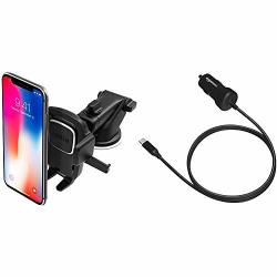 Iottie Easy One Touch 4 Dash & Windshield Car Mount Phone Holder || For Iphone & Amazonbasics Straight Cable Lightning Car Charger 5V 12W 3 Foot Black
